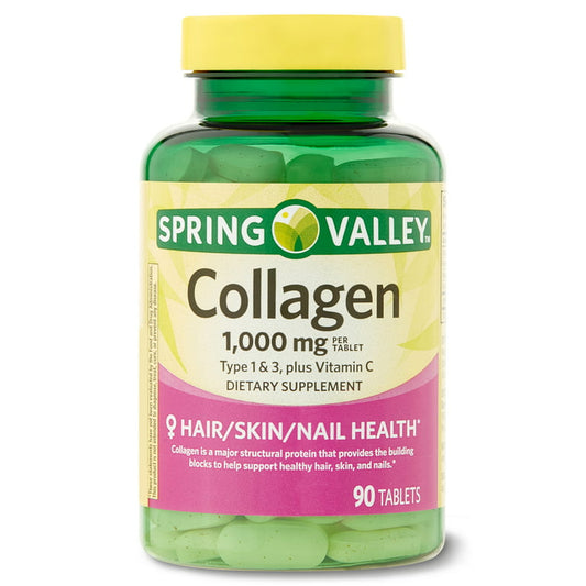 Spring Valley Collagen Type 1 & 3 plus Vitamin C Hair/Skin/Nails Health Dietary Supplement Tablets, 1,000 mg, 90 tabletas